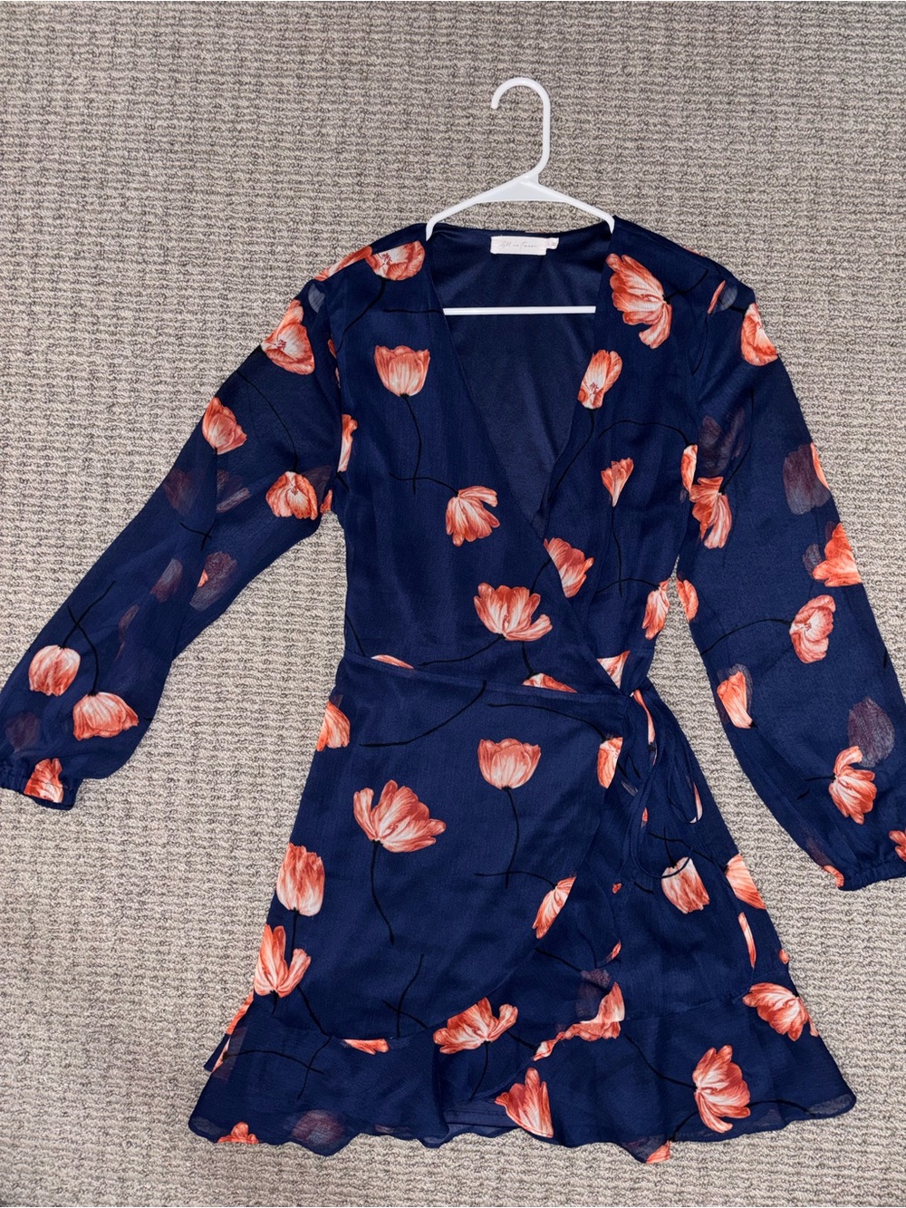Women's Navy Floral Wrap Dress with Coral Blooms - Size L